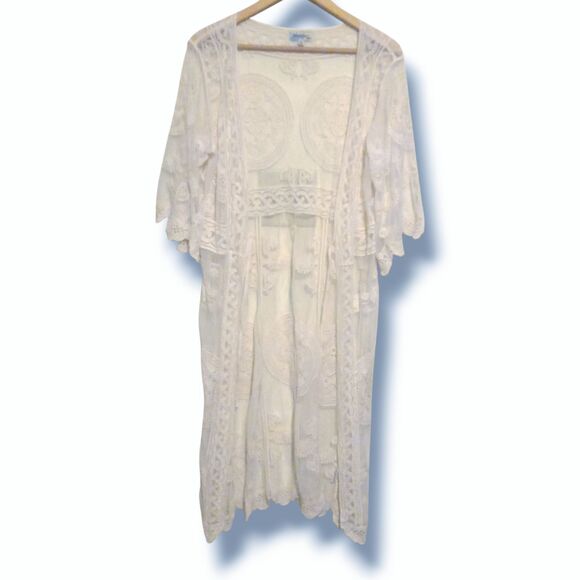 Rebellion Again Lace Kimono-Medium-Duster-Sheer-3/4 Sleeve-Boho-Swim Cover - Picture 1 of 9